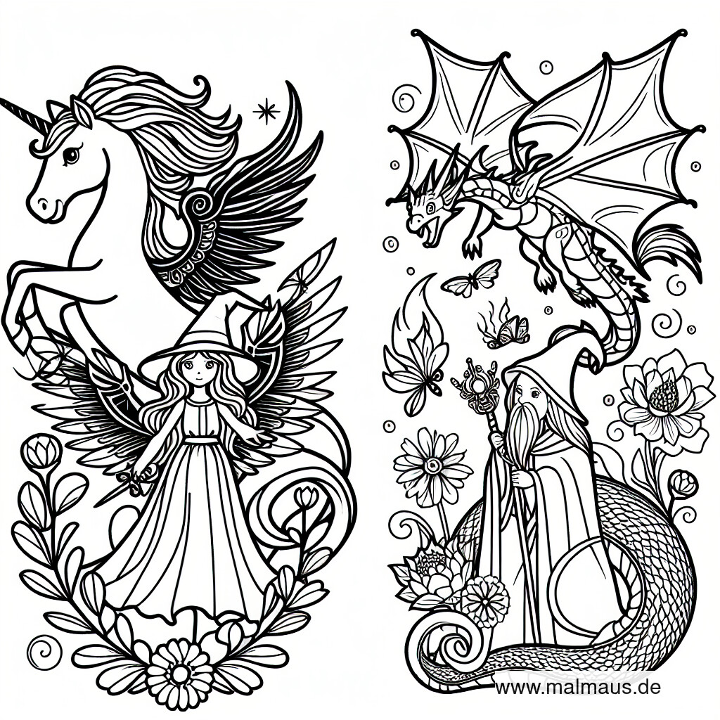 Kostenloses Ausmalbild: "Ausmalbild Magische Wesen: Detailreiche Fantasy-Malvorlage zum Ausdrucken"